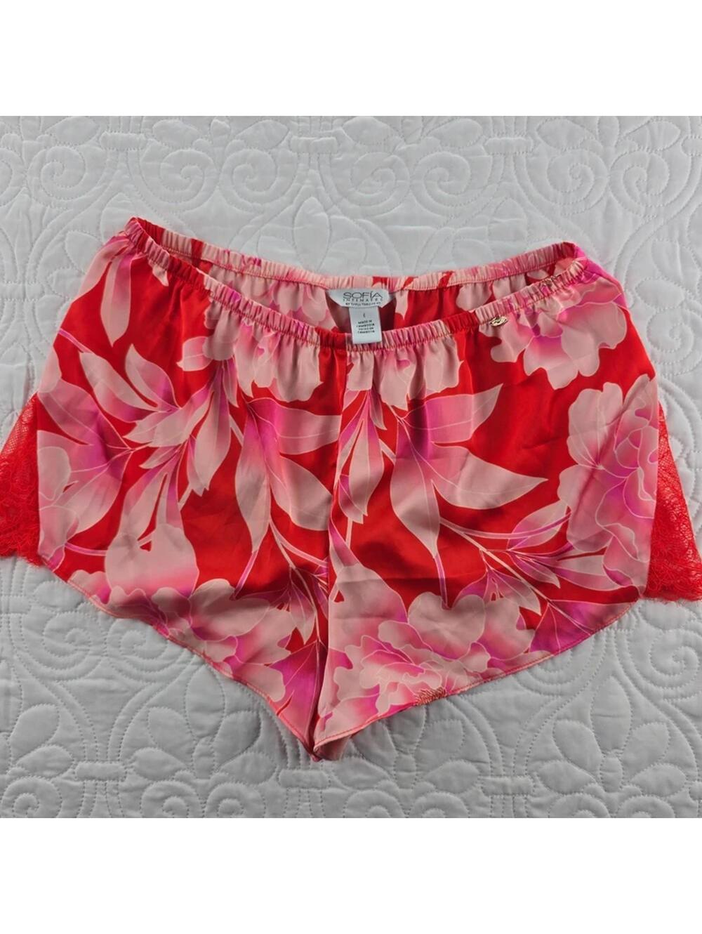 Sofia Intimates by Sofia Vergara Floral Satin Sleep Shorts Lace Trim Size Small
